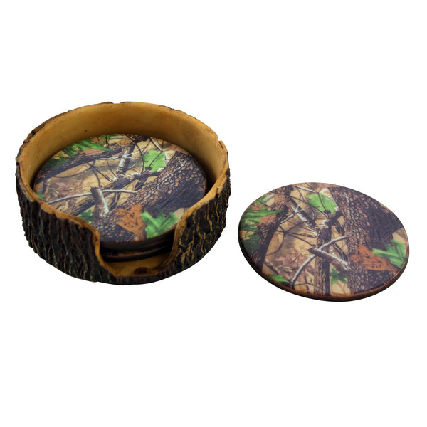 Pine Ridge Green Camouflage 4pc Coaster Set and Tree Trunk Holder Drink Coasters with Base for the Man Cave Decor Hunting Cabin Dining Furniture Gun Shop Décor