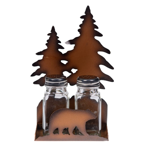 Pine Ridge Metal Bear Salt And Pepper Shaker Set - Two Glass Shakers, Metal Bear Holder Caddy For Spices And Seasonings, For Kitchen, Dining Or Table Decor